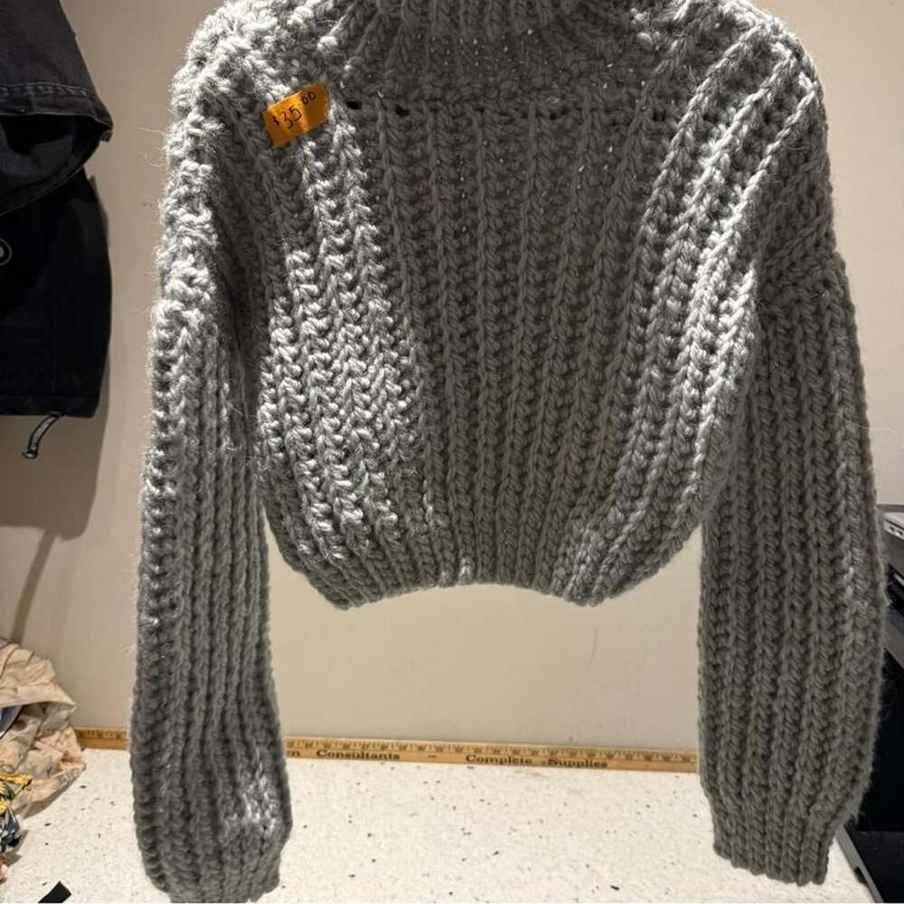 Handmade Grey Crochet Cropped Turtleneck Sweater